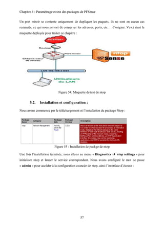Chapitre 4 : Paramétrage et test des packages de PFSense 
Un port miroir se contente uniquement de dupliquer les paquets, ils ne sont en aucun cas 
remaniés, ce qui nous permet de conserver les adresses, ports, etc.… d’origine. Voici ainsi la 
maquette déployée pour traiter ce chapitre : 
Figure 54: Maquette de test de ntop 
5.2. Installation et configuration : 
Nous avons commence par le téléchargement et l’installation du package Ntop : 
Figure 55 : Installation de packge de ntop 
Une fois l’installation terminée, nous allons au menu « Diagnostics  ntop settings » pour 
initialiser ntop et lancer le service correspondant. Nous avons configuré le mot de passe 
« admin » pour accéder à la configuration avancée de ntop, ainsi l’interface d’écoute : 
57 
 