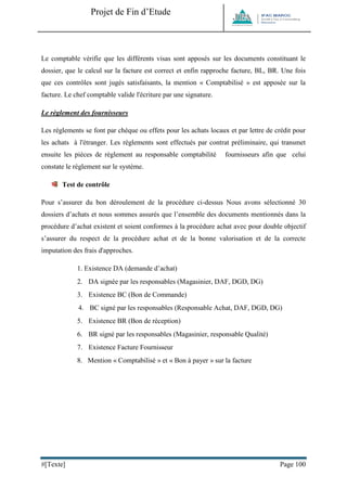 Projet de Fin d’Etude 
#[Texte] Page 100 
Le comptable vérifie que les différents visas sont apposés sur les documents constituant le dossier, que le calcul sur la facture est correct et enfin rapproche facture, BL, BR. Une fois que ces contrôles sont jugés satisfaisants, la mention « Comptabilisé » est apposée sur la facture. Le chef comptable valide l'écriture par une signature. 
Le règlement des fournisseurs 
Les règlements se font par chèque ou effets pour les achats locaux et par lettre de crédit pour les achats à l'étranger. Les règlements sont effectués par contrat préliminaire, qui transmet ensuite les pièces de règlement au responsable comptabilité fournisseurs afin que celui constate le règlement sur le système. 
Test de contrôle 
Pour s’assurer du bon déroulement de la procédure ci-dessus Nous avons sélectionné 30 dossiers d’achats et nous sommes assurés que l’ensemble des documents mentionnés dans la procédure d’achat existent et soient conformes à la procédure achat avec pour double objectif s’assurer du respect de la procédure achat et de la bonne valorisation et de la correcte imputation des frais d'approches. 
1. Existence DA (demande d’achat) 
2. DA signée par les responsables (Magasinier, DAF, DGD, DG) 
3. Existence BC (Bon de Commande) 
4. BC signé par les responsables (Responsable Achat, DAF, DGD, DG) 
5. Existence BR (Bon de réception) 
6. BR signé par les responsables (Magasinier, responsable Qualité) 
7. Existence Facture Fournisseur 
8. Mention « Comptabilisé » et « Bon à payer » sur la facture 
 