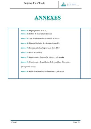 Projet de Fin d’Etude 
#[Texte] Page 121 
Annexe 1 : Organigramme de IFAC 
Annexe 2 : Extrait de mouvement de stock 
Annexe 3 : Test de valorisation des entrées de stocks 
Annexe 4 : Liste préliminaire des dossiers demandés 
Annexe 5 : Base de calcul de la provision stock 2013 
Annexe 6 : Fiche de contrôle 
Annexe 7 : Questionnaire du contrôle interne- cycle stocks 
Annexe 8 : Questionnaire de validation de la procédure d’inventaire 
physique des stocks 
Annexe 9 : Grille de séparation des fonctions – cycle stock 
 