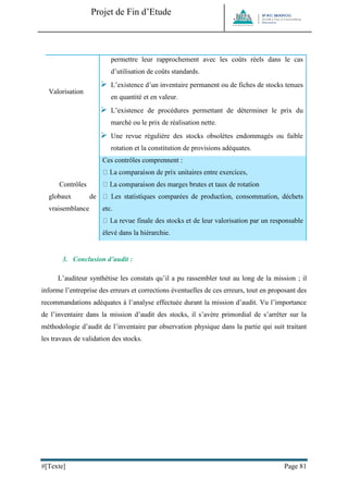 Projet de Fin d’Etude 
#[Texte] Page 81 
Valorisation 
permettre leur rapprochement avec les coûts réels dans le cas d’utilisation de coûts standards. 
 L’existence d’un inventaire permanent ou de fiches de stocks tenues en quantité et en valeur. 
 L’existence de procédures permettant de déterminer le prix du marché ou le prix de réalisation nette. 
 Une revue régulière des stocks obsolètes endommagés ou faible rotation et la constitution de provisions adéquates. Contrôles globaux de vraisemblance Ces contrôles comprennent : etc. leur valorisation par un responsable élevé dans la hiérarchie. 
3. Conclusion d’audit : 
L’auditeur synthétise les constats qu’il a pu rassembler tout au long de la mission ; il informe l’entreprise des erreurs et corrections éventuelles de ces erreurs, tout en proposant des recommandations adéquates à l’analyse effectuée durant la mission d’audit. Vu l’importance de l’inventaire dans la mission d’audit des stocks, il s’avère primordial de s’arrêter sur la méthodologie d’audit de l’inventaire par observation physique dans la partie qui suit traitant les travaux de validation des stocks. 
 