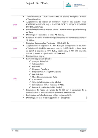 Projet de Fin d’Etude 
#[Texte] Page 88 
2009 
 Transformation JET ALU Maroc SARL en Société Anonyme à Conseil d’Administration ; 
 Augmentation de capital en numéraire réservée aux sociétés fonds CAPMEZZANINE (21,3%) et CAPITAL NORTH AFRICA VENTURE FUND SAS (8,5%) ; 
 Positionnement dans le mobilier urbain : premier marché pour le tramway de Rabat ; 
 Démarrage de l’activité de la filiale AR Factory. 2010 
 Extension de l’unité de fabrication pour atteindre une superficie couverte de 10 000 m². 2011 
 Réduction du nominal de l’action de 1 000 dh à 50 dh. 
 Augmentation de capital de 67 884 Kdh par incorporation de la prime d’émission (60 434 Kdh), des autres réserves (4 102,8 Kdh) et d’une partie du report à nouveau (3 347,1 Kdh), créant ainsi, 1 357 680 nouvelles actions, et portant le capital social à 100 000 Kdh. 
 Introduction en bourse ; 2012 
 Livraisons de plusieurs projets : 
 Aéroport Rabat-Salé 
 Tetouan-shore 
 Fes-shore 
 Casashore Parcelle M 
 Siège de Bank Al MaghribLaayoune 
 Zoo de Rabat 
 Show-RoomAutonejma à Rabat 
 Villa d’Eole 
 Siège de la Protection civile à Rabat 
 Passerelles du port de plaisance de Mdiq 
 Locaux de production de Dar Assikah 
 Finalisation de l’achat du terrain de 70 000 m² et démarrage de la construction de la nouvelle unité de production à Oued Ykem. 
 Participation au Salon Batimatec à Alger en janvier 2012. 
 Démarrage des axes de développement de l’entreprise : 
 