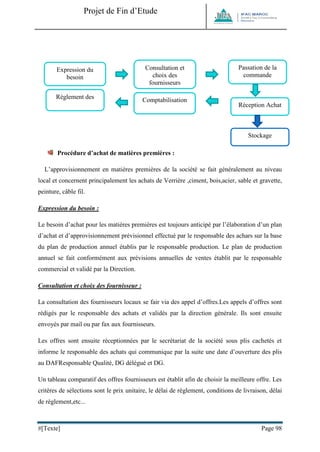 Projet de Fin d’Etude 
#[Texte] Page 98 
Procédure d’achat de matières premières : 
L’approvisionnement en matières premières de la société se fait généralement au niveau local et concernent principalement les achats de Verrière ,ciment, bois,acier, sable et gravette, peinture, câble fil. 
Expression du besoin : 
Le besoin d’achat pour les matiéres premières est toujours anticipé par l’élaboration d’un plan d’achat et d’approvisionnement prévisionnel effectué par le responsable des achars sur la base du plan de production annuel établis par le responsable production. Le plan de production annuel se fait conformément aux prévisions annuelles de ventes établit par le responsable commercial et validé par la Direction. 
Consultation et choix des fournisseur : 
La consultation des fournisseurs locaux se fair via des appel d’offres.Les appels d’offres sont rédigés par le responsable des achats et validés par la direction générale. Ils sont ensuite envoyés par mail ou par fax aux fournisseurs. 
Les offres sont ensuite réceptionnées par le secrétariat de la société sous plis cachetés et informe le responsable des achats qui communique par la suite une date d’ouverture des plis au DAFResponsable Qualité, DG délégué et DG. 
Un tableau comparatif des offres fournisseurs est établit afin de choisir la meilleure offre. Les critères de sélections sont le prix unitaire, le délai de règlement, conditions de livraison, délai de règlement,etc... 
Expression du besoin 
Consultation et choix des fournisseurs 
Passation de la commande 
Règlement des fournisseurs 
Comptabilisation des achats 
Réception Achat 
Stockage  