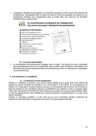 12
 L’attestation officielle de participation au projet EOL émanant du CELV permet de valoriser les
compétences développées dans le cadre du projet et donne la possibilité aux élèves et aux
enseignants d’intégrer leur engagement dans le projet dans leur parcours de formation
professionnelle et personnelle.
b) Les points perfectibles :
 La rémunération des enseignants engagés dans le projet : les heures de cours coanimées
sont généralement prises sur le temps libre sans qu’elles soient forcément rémunérées tout
comme les réunions en présentiel même si la direction peut offrir une alternative en banalisant
½ journée de cours.
3. Les indicateurs / Le feedback
a) Le point de vue des enseignants
D’après un indicateur quantitatif, nous avons d’abord pensé que le projet EOL avait permis de
doubler le nombre d’inscrits en Première L car, de 2016/2017 à 2017/2018, ils sont passés de 18
élèves à 35. Cependant, d’autres facteurs que nous ne connaissons pas à ce jour ont dû entrer en
ligne de compte car les inscriptions prévues en 2018/2019 nous obligent à créer un groupe classe
mixte avec des élèves de Première ES alors même que le projet a eu une plus large visibilité. Mais,
il s’est agi apparemment d’une visibilité plus externe qu’interne à l’établissement, ce à quoi nous
devons remédier.
D’après un indicateur qualitatif, il a été noté que sur ces 3 dernières années, l’obtention de
mentions au Baccalauréat L a augmenté tout comme le pourcentage de réussite.
 