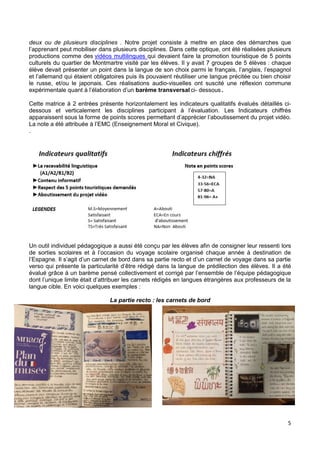 5
deux ou de plusieurs disciplines . Notre projet consiste à mettre en place des démarches que
l’apprenant peut mobiliser dans plusieurs disciplines. Dans cette optique, ont été réalisées plusieurs
productions comme des vidéos multilingues qui devaient faire la promotion touristique de 5 points
culturels du quartier de Montmartre visité par les élèves. Il y avait 7 groupes de 5 élèves : chaque
élève devait présenter un point dans la langue de son choix parmi le français, l’anglais, l’espagnol
et l’allemand qui étaient obligatoires puis ils pouvaient réutiliser une langue précitée ou bien choisir
le russe, et/ou le japonais. Ces réalisations audio-visuelles ont suscité une réflexion commune
expérimentale quant à l’élaboration d’un barème transversal ci- dessous .
Cette matrice à 2 entrées présente horizontalement les indicateurs qualitatifs évalués détaillés ci-
dessous et verticalement les disciplines participant à l’évaluation. Les Indicateurs chiffrés
apparaissent sous la forme de points scores permettant d’apprécier l’aboutissement du projet vidéo.
La note a été attribuée à l’EMC (Enseignement Moral et Civique).
.
Un outil individuel pédagogique a aussi été conçu par les élèves afin de consigner leur ressenti lors
de sorties scolaires et à l’occasion du voyage scolaire organisé chaque année à destination de
l’Espagne. Il s’agit d’un carnet de bord dans sa partie recto et d’un carnet de voyage dans sa partie
verso qui présente la particularité d’être rédigé dans la langue de prédilection des élèves. Il a été
évalué grâce à un barème pensé collectivement et corrigé par l’ensemble de l’équipe pédagogique
dont l’unique limite était d’attribuer les carnets rédigés en langues étrangères aux professeurs de la
langue cible. En voici quelques exemples :
La partie recto : les carnets de bord
 