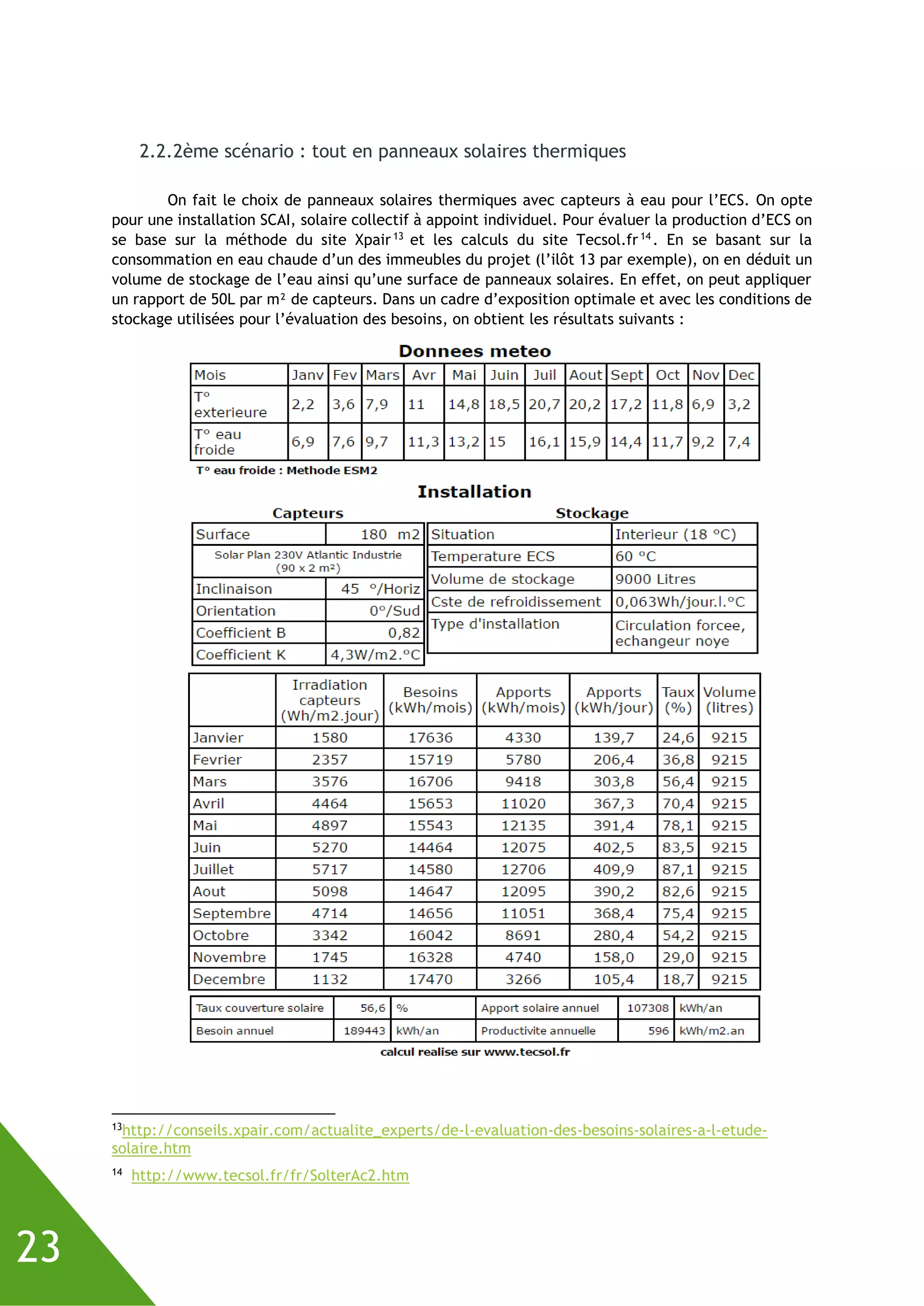 23
2.2.2ème scénario : tout en panneaux solaires thermiques
On fait le choix de panneaux solaires thermiques avec capteurs à eau pour l’ECS. On opte
pour une installation SCAI, solaire collectif à appoint individuel. Pour évaluer la production d’ECS on
se base sur la méthode du site Xpair13
et les calculs du site Tecsol.fr14
. En se basant sur la
consommation en eau chaude d’un des immeubles du projet (l’ilôt 13 par exemple), on en déduit un
volume de stockage de l’eau ainsi qu’une surface de panneaux solaires. En effet, on peut appliquer
un rapport de 50L par m² de capteurs. Dans un cadre d’exposition optimale et avec les conditions de
stockage utilisées pour l’évaluation des besoins, on obtient les résultats suivants :
13
http://conseils.xpair.com/actualite_experts/de-l-evaluation-des-besoins-solaires-a-l-etude-
solaire.htm
14
http://www.tecsol.fr/fr/SolterAc2.htm
 