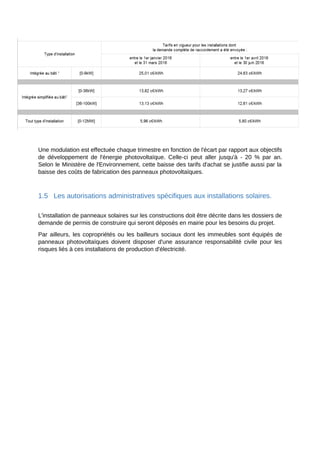Une modulation est effectuée chaque trimestre en fonction de l'écart par rapport aux objectifs
de développement de l'énergie photovoltaïque. Celle-ci peut aller jusqu'à - 20 % par an.
Selon le Ministère de l'Environnement, cette baisse des tarifs d'achat se justifie aussi par la
baisse des coûts de fabrication des panneaux photovoltaïques.
1.5 Les autorisations administratives spécifiques aux installations solaires.
L'installation de panneaux solaires sur les constructions doit être décrite dans les dossiers de
demande de permis de construire qui seront déposés en mairie pour les besoins du projet.
Par ailleurs, les copropriétés ou les bailleurs sociaux dont les immeubles sont équipés de
panneaux photovoltaïques doivent disposer d'une assurance responsabilité civile pour les
risques liés à ces installations de production d'électricité.
 
