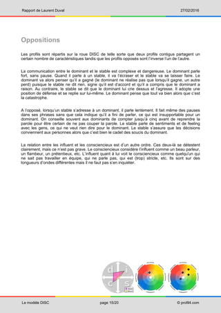 Rapport de Laurent Duval 27/02/2016
Le modèle DISC page 15/20 © profil4.com
Oppositions
Les profils sont répartis sur la roue DISC de telle sorte que deux profils contigus partagent un
certain nombre de caractéristiques tandis que les profils opposés sont l’inverse l’un de l’autre.
La communication entre le dominant et le stable est complexe et dangereuse. Le dominant parle
fort, sans pause. Quand il parle à un stable, il va l’écraser et le stable va se laisser faire. Le
dominant va alors penser qu’il a gagné (le dominant ne réalise pas que lorsqu’il gagne, un autre
perd) puisque le stable ne dit rien, signe qu’il est d’accord et qu’il a compris que le dominant a
raison. Au contraire, le stable se dit que le dominant lui crie dessus et l’agresse. Il adopte une
position de défense et se replie sur lui-même. Le dominant pense que tout va bien alors que c’est
la catastrophe.
A l’opposé, lorsqu’un stable s’adresse à un dominant, il parle lentement. Il fait même des pauses
dans ses phrases sans que cela indique qu’il a fini de parler, ce qui est insupportable pour un
dominant. On conseille souvent aux dominants de compter jusqu’à cinq avant de reprendre la
parole pour être certain de ne pas couper la parole. Le stable parle de sentiments et de feeling
avec les gens, ce qui ne veut rien dire pour le dominant. Le stable s’assure que les décisions
conviennent aux personnes alors que c’est bien le cadet des soucis du dominant.
La relation entre les influent et les consciencieux est d’un autre ordre. Ces deux-là se détestent
clairement, mais ce n’est pas grave. Le consciencieux considère l’influent comme un beau parleur,
un flambeur, un prétentieux, etc. L’influent quant à lui voit le consciencieux comme quelqu'un qui
ne sait pas travailler en équipe, qui ne parle pas, qui est (trop) stricte, etc. Ils sont sur des
longueurs d’ondes différentes mais il ne faut pas s’en inquiéter.
 
