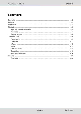 Rapport de Laurent Duval 27/02/2016
page 2/20 © profil4.com
Sommaire
Sommaire .................................................................................................................... p. 2
Résumé ....................................................................................................................... p. 3
Introduction .................................................................................................................. p. 4
Résultats ...................................................................................................................... p. 5
Style naturel et style adapté ................................................................................. p. 5
Tendance .............................................................................................................. p. 7
Dans le groupe ..................................................................................................... p. 8
Le modèle DISC .......................................................................................................... p. 9
Présentation .......................................................................................................... p. 9
Dominant .............................................................................................................. p. 11
Influent .................................................................................................................. p. 12
Stable .................................................................................................................... p. 13
Consciencieux ...................................................................................................... p. 14
Oppositions ........................................................................................................... p. 15
Synthèse des profils ............................................................................................. p. 16
Annexes ....................................................................................................................... p. 20
Copyright .............................................................................................................. p. 20
 