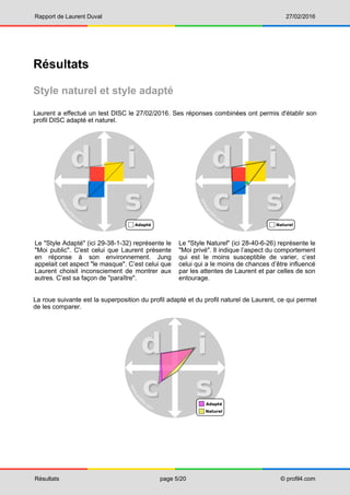 Rapport de Laurent Duval 27/02/2016
Résultats page 5/20 © profil4.com
Résultats
Style naturel et style adapté
Laurent a effectué un test DISC le 27/02/2016. Ses réponses combinées ont permis d'établir son
profil DISC adapté et naturel.
Le "Style Adapté" (ici 29-38-1-32) représente le
"Moi public". C'est celui que Laurent présente
en réponse à son environnement. Jung
appelait cet aspect "le masque". C’est celui que
Laurent choisit inconsciement de montrer aux
autres. C’est sa façon de "paraître".
Le "Style Naturel" (ici 28-40-6-26) représente le
"Moi privé". Il indique l’aspect du comportement
qui est le moins susceptible de varier, c’est
celui qui a le moins de chances d’être influencé
par les attentes de Laurent et par celles de son
entourage.
La roue suivante est la superposition du profil adapté et du profil naturel de Laurent, ce qui permet
de les comparer.
 