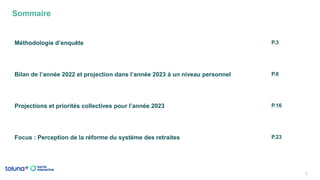 Sommaire
2
Méthodologie d’enquête P.3
Bilan de l’année 2022 et projection dans l’année 2023 à un niveau personnel P.6
Proj...