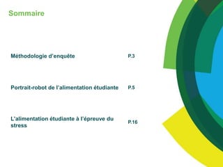 Sommaire
Méthodologie d’enquête P.3
Portrait-robot de l’alimentation étudiante P.5
L’alimentation étudiante à l’épreuve du
stress
P.16
 