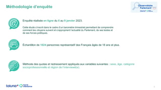 Méthodologie d’enquête
3
Enquête réalisée en ligne du 6 au 9 janvier 2023.
Cette étude s’inscrit dans le cadre d’un baromètre trimestriel permettant de comprendre
comment les citoyens suivent et s’approprient l’actualité du Parlement, de ses textes et
de ses forces politiques.
Échantillon de 1024 personnes représentatif des Français âgés de 18 ans et plus.
Méthode des quotas et redressement appliqués aux variables suivantes : sexe, âge, catégorie
socioprofessionnelle et région de l’interviewé(e).
 
