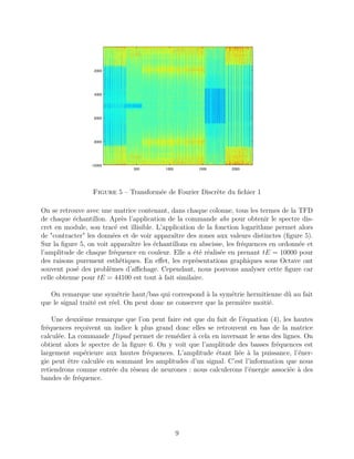 Figure 5 – Transformée de Fourier Discrète du ﬁchier 1
On se retrouve avec une matrice contenant, dans chaque colonne, tous les termes de la TFD
de chaque échantillon. Après l’application de la commande abs pour obtenir le spectre dis-
cret en module, son tracé est illisible. L’application de la fonction logarithme permet alors
de "contracter" les données et de voir apparaître des zones aux valeurs distinctes (ﬁgure 5).
Sur la ﬁgure 5, on voit apparaître les échantillons en abscisse, les fréquences en ordonnée et
l’amplitude de chaque fréquence en couleur. Elle a été réalisée en prenant tE = 10000 pour
des raisons purement esthétiques. En eﬀet, les représentations graphiques sous Octave ont
souvent posé des problèmes d’aﬃchage. Cependant, nous pouvons analyser cette ﬁgure car
celle obtenue pour tE = 44100 est tout à fait similaire.
On remarque une symétrie haut/bas qui correspond à la symétrie hermitienne dû au fait
que le signal traité est réel. On peut donc ne conserver que la première moitié.
Une deuxième remarque que l’on peut faire est que du fait de l’équation (4), les hautes
fréquences reçoivent un indice k plus grand donc elles se retrouvent en bas de la matrice
calculée. La commande flipud permet de remédier à cela en inversant le sens des lignes. On
obtient alors le spectre de la ﬁgure 6. On y voit que l’amplitude des basses fréquences est
largement supérieure aux hautes fréquences. L’amplitude étant liée à la puissance, l’éner-
gie peut être calculée en sommant les amplitudes d’un signal. C’est l’information que nous
retiendrons comme entrée du réseau de neurones : nous calculerons l’énergie associée à des
bandes de fréquence.
9
 