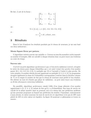 De fait, L soit de la forme :
L =









E1,1 · · · E1,14 c1
...
...
...
Ei,1 · · · Ei,14 ci
...
...
...
En,1 · · · Ei,14 cn









où :
∀i ∈ [|1, n|], ci ∈ {0.1, 0.2, 0.3, 0.4, 0.5}
et :
n =
5
2
× nb_echant_min
3 Résultats
Dans le but d’analyser les résultats produits par le réseau de neurones, je me suis basé
sur deux indicateurs :
Means Square Error per pattern
L’algorithme nntrain renvoie une variable es : l’erreur au sens des moindres carrés ramenée
au nombre d’exemples. Elle est calculée à chaque itération donc on peut tracer son évolution
au cours du temps.
Success rate
J’ai écrit un petit algorithme (performance) qui, à l’issu de la validation (nntest), récupère
la sortie du réseau pour chaque échantillon qui y est entré (censé être proche d’un nombre
parmi {0.1, 0.2, 0.3, 0.4, 0.5}, le multiplie par 10 et l’arrondi à l’entier le plus proche. De
cette manière, le nombre obtenu devrait appartenir au multiplet {1, 2, 3, 4, 5}. Le programme
récupère également la classe de l’échantillon correspondant (contenu dans la dernière colonne
de V ) et il compte le nombre de fois que le réseau de neurones avait prédit le bon résultat.
On obtient un taux de réussite par phase de validation : on peut alors tracer son évolution
au ﬁl des alternances correction/validation.
En parallèle, algorithme performance simule l’eﬀet d’un tirage aléatoire d’un nombre
appartenant à {1, 2, 3, 4, 5} autant de fois qu’il y a d’échantillons. Son taux de succès est
calculé de la même manière ainsi on pourrait voir si le réseau fait une prédiction meilleure
qu’une personne proposant au hasard une prédiction du résultat. Cependant, contrairement
à mon attente, la valeur moyenne du taux de succès de cet algorithme n’est pas de 20% mais
plutôt de 16% et cette valeur est régulière. La ﬁgure 16 montrant ce phénomène se trouve en
annexe.
13
 