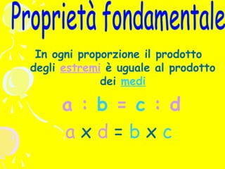 In ogni proporzione il prodotto
degli estremi è uguale al prodotto
dei medi

a : b = c : d
axd=bxc

 