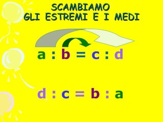 SCAMBIAMO
GLI ESTREMI E I MEDI

a:b=c:d
d:c=b:a

 