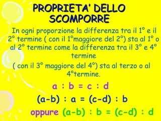 PROPRIETA’ DELLO
SCOMPORRE

In ogni proporzione la differenza tra il 1° e il
2° termine ( con il 1°maggiore del 2°) sta al 1° o
al 2° termine come la differenza tra il 3° e 4°
termine
( con il 3° maggiore del 4°) sta al terzo o al
4°termine.

a : b = c : d
(a-b) : a = (c-d) : b
oppure (a-b) : b = (c-d) : d

 