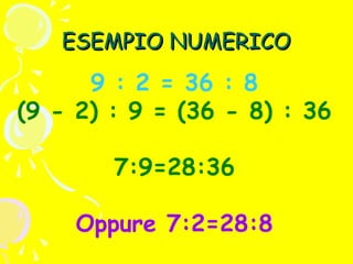 ESEMPIO NUMERICO

9 : 2 = 36 : 8
(9 - 2) : 9 = (36 - 8) : 36
7:9=28:36
Oppure 7:2=28:8

 