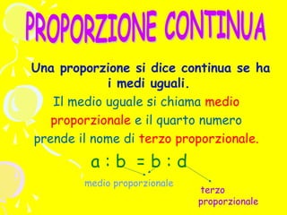 Una proporzione si dice continua se ha
i medi uguali.
Il medio uguale si chiama medio
proporzionale e il quarto numero
prende il nome di terzo proporzionale.

a:b =b:d
medio proporzionale

terzo
proporzionale

 