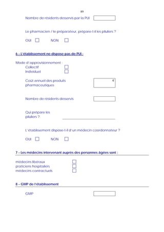 89
Nombre de résidents desservis par la PUI
Le pharmacien / le préparateur, prépare-t-il les piluliers ?
OUI NON
6 - L’établissement ne dispose pas de PUI :
Mode d’approvisionnement :
Collectif
Individuel
Coût annuel des produits
pharmaceutiques
€
Nombre de résidents desservis
Qui prépare les
piluliers ?
L’établissement dispose-t-il d’un médecin coordonnateur ?
OUI NON
7 - Les médecins intervenant auprès des personnes âgées sont :
médecins libéraux
praticiens hospitaliers
médecins contractuels
8 - GMP de l’établissement
GMP
 