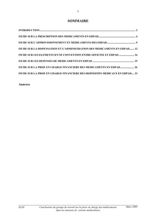 IGAS Conclusions du groupe de travail sur la prise en charge des médicaments
dans les maisons de retraite médicalisées
1
Mars 2005
SOMMAIRE
INTRODUCTION................................................................................................................................................. 2
FICHE SUR LA PRESCRIPTION DES MEDICAMENTS EN EHPAD........................................................ 4
FICHE SUR L’APPROVISIONNEMENT EN MEDICAMENTS DES EHPAD........................................... 9
FICHE SUR LA DISPENSATION ET L'ADMINISTRATION DES MEDICAMENTS EN EHPAD....... 12
FICHE SUR LES ELEMENTS D'UNE CONVENTION ENTRE OFFICINE ET EHPAD ....................... 16
FICHE SUR LES DEPENSES DE MEDICAMENTS EN EHPAD ............................................................... 19
FICHE SUR LA PRISE EN CHARGE FINANCIERE DES MEDICAMENTS EN EHPAD..................... 26
FICHE SUR LA PRISE EN CHARGE FINANCIERE DES DISPOSITIFS MEDICAUX EN EHPAD.... 33
Annexes
 