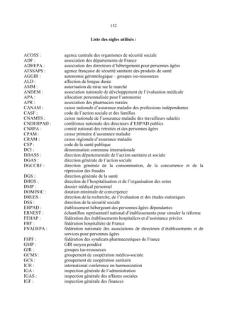 152
Liste des sigles utilisés :
ACOSS : agence centrale des organismes de sécurité sociale
ADF : association des départements de France
ADHEPA : association des directeurs d’hébergement pour personnes âgées
AFSSAPS : agence française de sécurité sanitaire des produits de santé
AGGIR : autonomie gérontologique – groupes iso-ressources
ALD : affection de longue durée
AMM : autorisation de mise sur le marché
ANDEM : association nationale de développement de l’évaluation médicale
APA : allocation personnalisée pour l’autonomie
APR : association des pharmacies rurales
CANAM : caisse nationale d’assurance maladie des professions indépendantes
CASF : code de l’action sociale et des familles
CNAMTS : caisse nationale de l’assurance maladie des travailleurs salariés
CNDEHPAD : conférence nationale des directeurs d’EHPAD publics
CNRPA : comité national des retraités et des personnes âgées
CPAM : caisse primaire d’assurance maladie
CRAM : caisse régionale d’assurance maladie
CSP : code de la santé publique
DCI : dénomination commune internationale
DDASS : direction départementale de l’action sanitaire et sociale
DGAS : direction générale de l’action sociale
DGCCRF : direction générale de la consommation, de la concurrence et de la
répression des fraudes
DGS : direction générale de la santé
DHOS : direction de l’hospitalisation et de l’organisation des soins
DMP : dossier médical personnel
DOMINIC : dotation minimale de convergence
DREES : direction de la recherche, de l’évaluation et des études statistiques
DSS : direction de la sécurité sociale
EHPAD : établissement hébergeant des personnes âgées dépendantes
ERNEST : échantillon représentatif national d’établissements pour simuler la réforme
FEHAP : fédération des établissements hospitaliers et d’assistance privées
FHF : fédération hospitalière de France
FNADEPA : fédération nationale des associations de directeurs d’établissements et de
services pour personnes âgées
FSPF : fédération des syndicats pharmaceutiques de France
GMP : GIR moyen pondéré
GIR : groupes iso-ressources
GCMS : groupement de coopération médico-sociale
GCS : groupement de coopération sanitaire
ICH : international conference on harmonization
IGA : inspection générale de l’administration
IGAS : inspection générale des affaires sociales
IGF : inspection générale des finances
 