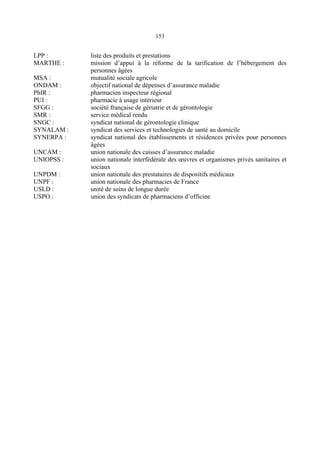 153
LPP : liste des produits et prestations
MARTHE : mission d’appui à la réforme de la tarification de l’hébergement des
personnes âgées
MSA : mutualité sociale agricole
ONDAM : objectif national de dépenses d’assurance maladie
PhIR : pharmacien inspecteur régional
PUI : pharmacie à usage intérieur
SFGG : société française de gériatrie et de gérontologie
SMR : service médical rendu
SNGC : syndicat national de gérontologie clinique
SYNALAM : syndicat des services et technologies de santé au domicile
SYNERPA : syndicat national des établissements et résidences privées pour personnes
âgées
UNCAM : union nationale des caisses d’assurance maladie
UNIOPSS : union nationale interfédérale des œuvres et organismes privés sanitaires et
sociaux
UNPDM : union nationale des prestataires de dispositifs médicaux
UNPF : union nationale des pharmacies de France
USLD : unité de soins de longue durée
USPO : union des syndicats de pharmaciens d’officine
 