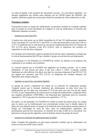IGAS Conclusions du groupe de travail sur la prise en charge des médicaments
dans les maisons de retraite médicalisées
21
Mars 2005
Le cadre d’enquête a été constitué des documents suivants : les conventions tripartites ; les
données budgétaires des forfaits soins obtenues par les CRAM auprès des DDASS ; des
requêtes effectuées auprès des caisses pour obtenir les montants de soins remboursés en ville.
Principaux résultats :
Concernant la prise en charge des médicaments, les premiers résultats de l’enquête exploités
pour le groupe de travail permettent de comparer le coût du médicament en fonction des
différentes situations suivantes :
- existence ou non d’une PUI :
L’analyse des coûts porte sur un faible échantillon de 62 des 223 établissements signataires
d’une convention (11 avec PUI et 51 sans PUI). Le coût moyen par place et par jour s’élève à
2,71 €. Il semblerait que le coût moyen ne soit que très légèrement plus élevé en l’absence de
PUI (2,73 €) qu’en présence d’une PUI (2,64 €), mais la dispersion des résultats est
importante au sein des deux catégories.
Ces résultats ont d’autant plus surpris le groupe de travail que cette comparaison n’intègre pas
le coût de fonctionnement des PUI qui viendrait s’ajouter au coût brut du seul médicament.
C’est pourquoi il a été demandé à la CNAMTS de vérifier ces données et de proposer une
explication si ces résultats sont confirmés.
Le correctif apporté par la CNAMTS fait apparaître les résultats suivants : sur le même
échantillon, le coût moyen par place et par jour s’élève à 3,08 €. L’enquête constate
finalement un coût inférieur d’un demi euro dans les structures disposant d’une PUI (2,71 €)
par rapport aux structures sans PUI (3,21 €). La dispersion des résultats demeure très
importante dans chaque catégorie.
- signature ou non d’une convention tripartite :
Le groupe de travail a également été surpris de ces éléments de comparaison puisque
l’enquête montre que le montant remboursé des médicaments est plus élevé pour les
établissements qui ont signé une convention (2,75 €) que pour ceux qui n’en ont pas signée
(1,78 €), et que l’augmentation du coût de prise en charge des médicaments, comparativement
aux enquêtes précédentes (1999-2000), a été beaucoup plus importante pour les structures
signataires (+ 66 %) que pour les structures non signataires (+ 27 %).
De même, il a été demandé à la CNAMTS de vérifier la nature des places prises en compte
pour le calcul, car les établissements non conventionnés restent sous le double régime de
places de cure médicale prises en charge sur le forfait de soins et des places restantes prises en
charge sur l’enveloppe de soins de ville ; pour les établissements signataires, des
proratisations peuvent être nécessaires, en fonction de la date d’effet de la convention. Ces
précisions n’ont pas pu être apportées avant la dernière réunion du groupe de travail.
- exclusion ou inclusion du médicament dans le forfait :
Enfin, l’enquête fait apparaître un coût moyen journalier similaire que le médicament soit
inclus ou exclu du forfait soins (1,60 €).
 