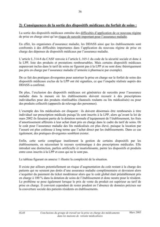 IGAS Conclusions du groupe de travail sur la prise en charge des médicaments
dans les maisons de retraite médicalisées
36
Mars 2005
2) Conséquences de la sortie des dispositifs médicaux du forfait de soins :
La sortie des dispositifs médicaux entraîne des difficultés d’application de ce nouveau régime
de prise en charge ainsi qu’un risque de surcoût important pour l’assurance maladie.
En effet, les organismes d’assurance maladie, les DDASS ainsi que les établissements sont
confrontés à des difficultés importantes dans l’application du nouveau régime de prise en
charge des dépenses de dispositifs médicaux par l’assurance maladie.
L’article L.314-8 du CASF renvoie à l’article L.165-1 du code de la sécurité sociale et donc à
la LPP, liste des produits et prestations remboursables. Mais certains dispositifs médicaux
auparavant inclus dans le tarif de soins ne figurent pas à la LPP et ne sont donc théoriquement
pas pris en charge par l’assurance maladie (l’armoire à pharmacie par exemple).
De ce fait des pratiques divergentes pour autoriser la prise en charge sur le forfait de soins des
dispositifs médicaux exclus de la LPP ont été signalées, ce que l’enquête réalisée auprès des
DDASS a confirmé.
De plus, l’exclusion des dispositifs médicaux est génératrice de surcoûts pour l’assurance
maladie dans la mesure où les établissements doivent recourir à des prescriptions
individuelles pour des produits réutilisables (fauteuils roulants ou lits médicalisés) ou pour
des produits collectifs (appareils de relevage des personnes).
L’exemple des lits médicalisés est éloquent : ils doivent désormais être remboursés à titre
individuel sur prescription médicale puisqu’ils sont inscrits à la LPP, alors qu’avant la loi de
mars 2002 ils faisaient partie de la dotation normale d’équipement de l’établissement, les frais
d’amortissement afférents à leur achat étant pris en charge dans le cadre du tarif de soins. Or
le coût pour l’assurance maladie des lits médicalisés est plus élevé, puisque la location par
l’assuré est plus coûteuse à long terme que l’achat direct par les établissements. Dans ce cas
également, des pratiques divergentes semblent exister.
Enfin, cette sortie complique inutilement la gestion de certains dispositifs par les
établissements, en nécessitant le recours systématique à des prescriptions médicales. Elle
introduit une distinction, parfois artificielle et insatisfaisante, parmi les dispositifs et produits
entre ceux inscrits à la LPP et ceux qui ne le sont pas.
Le tableau figurant en annexe 1 illustre la complexité de la situation.
Il existe par ailleurs potentiellement un risque d’augmentation du coût restant à la charge des
patients qui ne seraient pas dotés d’une assurance maladie complémentaire et devraient alors
s’acquitter du paiement du ticket modérateur alors que le coût global était préalablement pris
en charge à 100 % dans la dotation de soins de l’établissement et donc neutre pour le résident.
Le problème se pose également lorsque le prix de vente du produit est supérieur au tarif de
prise en charge. Il convient cependant de rester prudent en l’absence de données précises sur
la couverture sociale des patients résidents en établissements.
 
