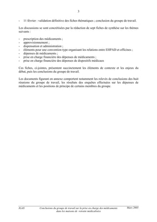 IGAS Conclusions du groupe de travail sur la prise en charge des médicaments
dans les maisons de retraite médicalisées
3
Mars 2005
- 11 février : validation définitive des fiches thématiques ; conclusion du groupe de travail.
Les discussions se sont concrétisées par la rédaction de sept fiches de synthèse sur les thèmes
suivants :
- prescription des médicaments ;
- approvisionnement ;
- dispensation et administration ;
- éléments pour une convention type organisant les relations entre EHPAD et officines ;
- dépenses de médicaments ;
- prise en charge financière des dépenses de médicaments ;
- prise en charge financière des dépenses de dispositifs médicaux
Ces fiches, ci-jointes, présentent succinctement les éléments de contexte et les enjeux du
débat, puis les conclusions du groupe de travail.
Les documents figurant en annexe comportent notamment les relevés de conclusions des huit
réunions du groupe de travail, les résultats des enquêtes effectuées sur les dépenses de
médicaments et les positions de principe de certains membres du groupe.
 