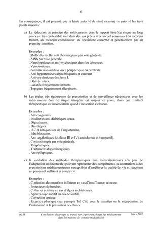 IGAS Conclusions du groupe de travail sur la prise en charge des médicaments
dans les maisons de retraite médicalisées
6
Mars 2005
En conséquence, il est proposé que la haute autorité de santé examine en priorité les trois
points suivants :
a) La réduction de principe des médicaments dont le rapport bénéfice risque au long
cours est très contestable sauf dans des cas précis avec accord consensuel du médecin
traitant, du médecin coordinateur, du spécialiste concerné et généralement pas en
première intention.
Exemples :
. Molécules à effet anti cholinergique par voie générale.
. AINS par voie générale.
. Neuroleptiques et anti-psychotiques dans les démences.
. Veinotoniques.
. Produits vaso-actifs à visée périphérique ou cérébrale.
. Anti-hypertenseurs alpha bloquants et centraux
. Anti-arythmiques de classe I.
. Dérivés nitrés.
. Laxatifs fréquemment irritants.
. Topiques fréquemment allergisants.
b) Les règles très rigoureuses de prescription et de surveillance nécessaires pour les
médicaments dont le risque iatrogène est majeur et grave, alors que l’intérêt
thérapeutique est incontestable quand l’indication est bonne.
Exemples :
. Anticoagulants.
. Insuline et anti-diabétiques oraux.
. Digitaliques.
. Diurétiques.
. IEC et antagonistes de l’angiotensine.
. Bêta bloquants.
. Anti-arythmiques de classe III et IV (amiodarone et verapamil).
. Corticothérapie par voie générale.
. Morphiniques.
. Traitements dopaminergiques.
. Antiépileptiques.
c) la validation des méthodes thérapeutiques non médicamenteuses (en plus de
l’adaptation architecturale) pouvant représenter des compléments ou alternatives à des
prescriptions médicamenteuses susceptibles d’améliorer la qualité de vie et requérant
un personnel suffisant et compétent.
Exemples :
. Contention des membres inférieurs en cas d’insuffisance veineuse.
. Protecteurs de hanches.
. Collier et ceinture en cas d’algies rachidiennes.
. Appareillage auditif en cas de surdité.
. Correction optique.
. Exercice physique (par exemple Taï Chi) pour le maintien ou la récupération de
l’autonomie et la prévention des chutes.
 
