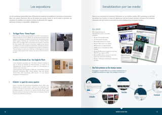 47
46 RAPPORT D’ACTIVITÉ 2020
Les expositions
Lors du Luxembourg Sustainability Forum, IMS produit des expositions de sensiblisation. Imprimées sur des panneaux
légers avec système d’accroches, elles ont été pensées pour pouvoir circuler au sein du réseau et permettre aux
entreprises de sensibiliser leurs salariés et soutenir les démarches RSE engagées.
Information technique et disponibilité : info@imslux.lu
For only a few minutes of use - Zero Single-Use Plastic
<
Cette exposition coproduite avec The Plastic Pollution Coalition et
avec le soutien du Ministère de l’Environnement, du Climat et du
Développement Durable explore les enjeux de l’ultra-plastique en
chiffres et faits marquants.
Cette exposition a été exposée en 2020 chez : ArcelorMittal, Société
Générale Luxembourg, RBC, Fortuna Banque, Ergo Life, Quintet
Private Bank, ING Luxembourg, DSM Avocats à la cour, Banque
Européenne d’Investissement.
The Bigger Picture - Thomas Pesquet
< Éditée lors du Luxembourg Sustainability Forum 2017, cette exposition
invite à prendre du recul et réfléchir sur une décennie d’activités et de
progrès en proposant une sélection de photos de notre planète prises
depuis l’espace. Réalisées par l’astronaute français Thomas Pesquet
depuis l’ISS, ces images offrent une perspective nouvelle et inspirante
de notre planète. Elles couvrent six grandes catégories qui mettent
en évidence une série de questions essentielles, présentes et futures,
traitant de la manière dont le développement durable est nécessaire.
Thomas Pesquet lui-même est un défenseur du développement durable
conscient, ayant emporté dans l’espace une copie de l’Accord de Paris
de 2015.
Accompagnez l’actualité d’IMS et de ses membres quotidiennement sur
les différentes plateformes en ligne. Likez, partagez et suivez-nous !
Dans un souci permanent de transmettre l’information sur ses activités et projets, IMS Luxembourg est actif dans
ses relations avec la presse. Le réseau est régulièrement cité dans la presse nationale à l’occasion de ses nombreux
évènements ainsi qu’à travers la valorisation des bonnes pratiques de ses entreprises membres.
En 2020 :
IMS comptabilise plus de
120 retombées presse, tous media
confondus.
•	 Plus de 120 retombées presse
•	 12 communiqués de presse
•	 Plus de 820 followers sur Twitter
•	 Plus de 4 500 contacts sur Linkedin
•	 460 abonnés sur la page Facebook
•	 26 000 vues sur l’ensemble des vidéos
YouTube
•	 Plus de 28 400 visiteurs uniques sur notre site
IMS (+9 % par rapport à 2019)
•	 Plus de 8 000 visiteurs uniques sur notre site
Charte de la Diversité Lëtzebuerg
•	 Plus de 11 100 photos d’évènements disponibles
sur Flickr
Sensibilisation par les media
Une forte présence sur les réseaux sociaux
Flickr
LinkedIn
YouTube
Twitter
Facebook
Infobésité : le regard des sciences cognitives
<
Créée à l’occasion du 
Luxembourg Sustainability Forum 2020, cette
exposition part du constat suivant : à l’ère du tout numérique, nous
sommes connectés en permanence. IMS Luxembourg, Cog’X, Dsides,
et 
Didask 
proposent un parcours au cœur 
du cerveau humain, pour
découvrir ses forces mais aussi ses limites face aux nouveaux modes de
travail et aux sollicitations continues.
 