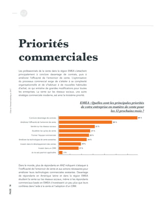 L’étatdel’inboundmarketingen2017
v.2
PAGE14
Priorités
commerciales
Les professionnels de la vente dans la région EMEA s’attachent
principalement à conclure davantage de contrats, puis à
améliorer l’efficacité de l’entonnoir de vente. L’optimisation
du processus commercial exige de s’atteler à sa complexité
organisationnelle et de s’habituer à de nouvelles habitudes
d’achat, ce qui entraîne de grandes modifications pour toutes
les entreprises. La vente sur les réseaux sociaux, une autre
stratégie commerciale moderne, est ainsi la troisième priorité.
EMEA : Quelles sont les principales priorités
de votre entreprise en matière de vente pour
les 12 prochains mois ?
0 10 20 30 40 50 60 70 80
Dans le monde, plus de répondants en ANZ indiquent s’attaquer à
l’inefficacité de l’entonnoir de vente et aux actions nécessaires pour
améliorer leurs technologies commerciales existantes. Davantage
de répondants en Amérique latine et dans la région EMEA
étudient la vente sur les réseaux sociaux, même si les répondants
commerciaux basés en EMEA s’investissent un peu plus que leurs
confrères dans l’aide à la vente et l’adoption d’un CRM.
Conclure davantage de contrats 68 %
Améliorer l’efficacité de l’entonnoir de vente 46 %
Vendre sur les réseaux sociaux 31 %
Former l’équipe commerciale 26 %
Accélérer les cycles de vente 27 %
Améliorer les technologies de vente existantes 24 %
Investir dans le développement des ventes 19 %
Investir dans un CRM 17 %
Je ne sais pas/non applicable 3 %
 