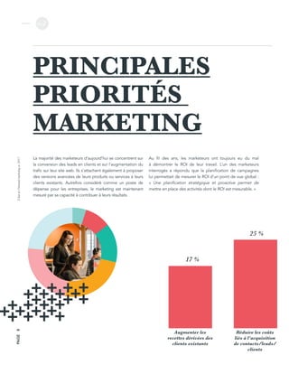 L’étatdel’inboundmarketingen2017
v.2
PAGE8
PRINCIPALES
PRIORITÉS
MARKETING
La majorité des marketeurs d’aujourd’hui se concentrent sur
la conversion des leads en clients et sur l’augmentation du
trafic sur leur site web. Ils s’attachent également à proposer
des versions avancées de leurs produits ou services à leurs
clients existants. Autrefois considéré comme un poste de
dépense pour les entreprises, le marketing est maintenant
mesuré par sa capacité à contribuer à leurs résultats.
Au fil des ans, les marketeurs ont toujours eu du mal
à  démontrer le ROI de leur travail. L’un des marketeurs
interrogés a répondu que la planification de campagnes
lui permettait de mesurer le ROI d’un point de vue global :
«  Une planification stratégique et proactive permet de
mettre en place des activités dont le ROI est mesurable. »
Augmenter les
recettes dérivées des
clients existants
17 %
Réduire les coûts
liés à l’acquisition
de contacts/leads/
clients
25 %
 