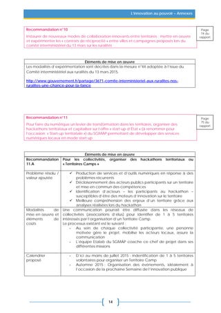 14
L’innovation au pouvoir – Annexes
Recommandation n°10
Instaurer de nouveaux modes de collaboration innovants entre territoires : mettre en œuvre
et expérimenter les « contrats de réciprocité » entre villes et campagnes proposés lors du
comité interministériel du 13 mars sur les ruralités
Éléments de mise en œuvre
Les modalités d’expérimentation sont décrites dans la mesure n°44 adoptée à l’issue du
Comité interministériel aux ruralités du 13 mars 2015.
http://www.gouvernement.fr/partage/3671-comite-interministeriel-aux-ruralites-nos-
ruralites-une-chance-pour-la-fance
Recommandation n°11
Pour faire du numérique un levier de transformation dans les territoires, organiser des
hackathons territoriaux et capitaliser sur l’offre « start-up d’État » (à renommer pour
l’occasion: « Start-up territoriale ») du SGMAP permettant de développer des services
numériques locaux en mode start up
Éléments de mise en œuvre
Recommandation
11.A
Pour les collectivités, organiser des hackathons territoriaux ou
« Territoires Camps »
Problème résolu /
valeur ajoutée
 Production de services et d’outils numériques en réponse à des
problèmes récurrents
 Décloisonnement des acteurs publics participants sur un territoire
et mise en commun des compétences
 Identification d’acteurs – les participants au hackathon –
susceptibles d’être des moteurs d’innovation sur le territoire
 Meilleure compréhension des enjeux d’un territoire grâce aux
analyses réalisées lors du hackathon
Modalités de
mise en œuvre et
éléments de
coûts
Une communication pourrait être diffusée dans les réseaux de
collectivités (associations d’élus) pour identifier de 1 à 5 territoires
intéressés par l’organisation d’un Territoire Camp.
Le processus existant est le suivant :
- Au sein de chaque collectivité participante, une personne
motivée gère le projet, mobilise les acteurs locaux, assure la
communication
- L’équipe Etalab du SGMAP coache ce chef de projet dans ses
différentes missions
Calendrier
proposé
- D’ici au moins de juillet 2015 : indentification de 1 à 5 territoires
volontaires pour organiser un Territoire Camp
- Automne 2015 : Organisation des événements, idéalement à
l’occasion de la prochaine Semaine de l’innovation publique
Page
74 du
rapport
Page
75 du
rapport
 