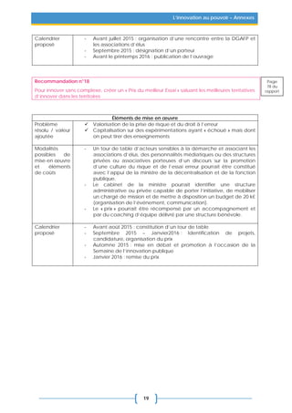 19
L’innovation au pouvoir – Annexes
Calendrier
proposé
- Avant juillet 2015 : organisation d’une rencontre entre la DGAFP et
les associations d’élus
- Septembre 2015 : désignation d’un porteur
- Avant le printemps 2016 : publication de l’ouvrage
Recommandation n°18
Pour innover sans complexe, créer un « Prix du meilleur Essai » saluant les meilleures tentatives
d’innover dans les territoires
Éléments de mise en œuvre
Problème
résolu / valeur
ajoutée
 Valorisation de la prise de risque et du droit à l’erreur
 Capitalisation sur des expérimentations ayant « échoué » mais dont
on peut tirer des enseignements
Modalités
possibles de
mise en œuvre
et éléments
de coûts
- Un tour de table d’acteurs sensibles à la démarche et associant les
associations d’élus, des personnalités médiatiques ou des structures
privées ou associatives porteuses d’un discours sur la promotion
d’une culture du risque et de l’essai erreur pourrait être constitué
avec l’appui de la ministre de la décentralisation et de la fonction
publique.
- Le cabinet de la ministre pourrait identifier une structure
administrative ou privée capable de porter l’initiative, de mobiliser
un chargé de mission et de mettre à disposition un budget de 20 k€
(organisation de l’événement, communication).
- Le « prix » pourrait être récompensé par un accompagnement et
par du coaching d’équipe délivré par une structure bénévole.
Calendrier
proposé
- Avant août 2015 : constitution d’un tour de table
- Septembre 2015 – Janvier2016 : Identification de projets,
candidature, organisation du prix
- Automne 2015 : mise en débat et promotion à l’occasion de la
Semaine de l’innovation publique
- Janvier 2016 : remise du prix
Page
78 du
rapport
 