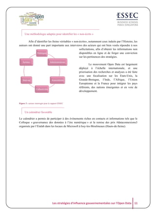 Une méthodologie adaptée pour identifier les « non-écrits »
Afin d’identifier les freins véritables « non-écrits», notamment ceux induits par l’Histoire, les
auteurs ont donné une part importante aux interviews des acteurs qui ont bien voulu répondre à nos
sollicitations, afin d’obtenir les informations non
disponibles en ligne et de forger une conviction
Politiques
sur les pertinences des stratégies.
Juristes

Administrations

Start-up

Associations

Collectivités

Le mouvement Open Data est largement
déployé à l’échelle internationale, et une
priorisation des recherches et analyses a été faite
avec une focalisation sur les Etats-Unis, la
Grande-Bretagne, l’Inde, l’Afrique, l’Union
Européenne et la France pour intégrer les pays
référents, des nations émergentes et en voie de
développement.

Figure 3 : acteurs interrogés pour le rapport ESSEC

Un calendrier favorable
Le calendrier a permis de participer à des évènements riches en contacts et informations tels que le
Colloque « gouvernance des données à l’ère numérique » et la remise des prix #dataconnexions3
organisée par l’Etalab dans les locaux de Microsoft à Issy-les-Moulineaux (Hauts-de-Seine).

Les	
  stratégies	
  d'influence	
  gouvernementales	
  sur	
  l'Open	
  Data	
   11	
  

 