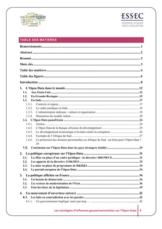 TABLE DES MATIERES

Remerciements ......................................................................................................................... 1
Abstract .................................................................................................................................... 2
Resumé...................................................................................................................................... 3
Mots clés ................................................................................................................................... 3
Table des matières ................................................................................................................... 4
Table des figures ...................................................................................................................... 6
Introduction ............................................................................................................................. 8
1.

L’Open Data dans le monde .......................................................................................... 12
1.1. Aux Etats-Unis ...................................................................................................................... 12
1.2. En Grande-Bretagne ............................................................................................................ 15
1.3. En Inde................................................................................................................................... 17
1.3.1. Contexte et enjeux ............................................................................................................ 17
1.3.2. Le cadre juridique en Inde................................................................................................ 18
1.3.3. L’admnistration indienne : culture et organisation .......................................................... 18
1.3.4. Illustration du modèle indien ........................................................................................... 20
1.4. L’Open Data panafricain ..................................................................................................... 24
1.4.1. Genèse .............................................................................................................................. 24
1.4.2. L’Open Data de la banque africaine du développement .................................................. 25
1.4.3. Le développement économique et la lutte contre la corruption ....................................... 26
1.4.4. Exemple de l’Afrique du Sud ........................................................................................... 27
1.4.5. La protection des données personnelles en Afrique du Sud : un frein pour l’Open Data ?
29
1.5. Conclusion sur l’Open Data dans les pays étrangers étudiés ........................................... 29

2.

La politique européenne sur l’Open Data .................................................................... 31
2.1.
2.2.
2.3.
2.4.

3.

La politique affichée en France ..................................................................................... 34
3.1.
3.2.
3.3.

4.

La Mise en place d’un cadre juridique : la directive 2003/98/CE .................................... 31
Les apports de la directive 13/06/2013 ................................................................................ 32
La mise en place de programme de R&D&I ...................................................................... 34
Le portail européen de l’Open Data ................................................................................... 34
Un besoin de démocratie ...................................................................................................... 34
Un vecteur de modernisation de l’Etat ............................................................................... 36
Etat des lieux de la législation .............................................................................................. 39

Un mouvement d’ouverture entravé ............................................................................ 42
4.1. Les faits en contradiction avec les paroles .......................................................................... 42
4.1.1. Un gouvernement impliqué, mais pas trop … ................................................................. 42

Les	
  stratégies	
  d'influence	
  gouvernementales	
  sur	
  l'Open	
  Data	
   4	
  

 