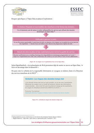 Risques spécifiques à l’Open Data en phase d’exploitation :

Evolution fréquente et non notifiée des interfaces et du format des données
Ces évènements sont de nature à rendre indisponibles les services qui utilisent des données
dynamiques en Open Data 50

Difficulté à prévoir le trafic
En cas d'ouverture grand public, la prévision de trafic est aléatoire et les impacts sur la qualité de service peuvent
être importants => besoin d’une surveillance pour détecter des progressions rapides du trafic

Besoin de mise en place d’une exploitation pour suivre la qualité de service
Missions: notification avec e-mailing, historique des disponibilités & maintenance programmées sur le site=>
risque sur l’augmentation des coûts, sans connaissance des clients (si en accès libre) et sans revenus additionnels !

50

Figure 29 : les risques sur l’exploitation d’un service Open Data

Selon OpenDataSoft, « les technologies du Web permettent déjà de mettre en œuvre un Open Data, le
frein est davantage dans la démarche ».
On peut citer le verbatim de la responsable Information et voyageur et relation client à la Direction
des services transiliens de la SNCF51 :

Figure 30 : verbatim les risques des données temps réel

50
51

Indisponibilité du service d’information sur les horaires des transports Nantais (Source Libertic)
Rapport Bluenove : Open Data : quels enjeux et opportunités pour l’entreprise ? 2011

Les	
  stratégies	
  d'influence	
  gouvernementales	
  sur	
  l'Open	
  Data	
   53	
  

 