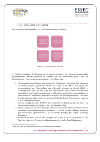 4.4.3. ORGANISER L’INFLUENCE

On regroupe les actions associées à la gestion des risques en 4 catégories.

1. Faciliter les
échanges
d'information

2. Promouvoir
l'Open Data

3. Financer
explicitement
l'Open Data

4. Développer
la recherche et
le partage du
savoir

Figure 32 : les actions pour palier aux risques

1. Faciliter les échanges d’information sur les aspects techniques : où comment les responsables
gouvernementaux peuvent dynamiser les échanges avec les interlocuteurs publics (DSI des
administrations, ) et privés (startup, associations ...) sur l’Open Data.
! réaliser des ateliers techniques pour permettre les échanges avec les acteurs, dont les agences
de sécurité étatiques, quand elles existent. En France, c’est l’ANSSI qui apporte une
recommandation par l’intermédiaire des référentiels généraux de sécurité (RGS) et
d’interopérabilité (RGI), qui sont exigés pour tout téléservice public (contenu informationnel
accessible en ligne). Les préconisations de ces référentiels rejoignent les recommandations et
outils de la CNIL en matière d’approche de la sécurité des données personnelles. En ce sens,
2 guides pratiques ont été publiés livrant une méthodologie d’analyse des risques « vie privée
» et un catalogue de mesures.
! créer un salon professionnel de l’Open Data ou introduire la thématique dans des salons avec
une thématique proche (cf celui sur le Big Data d’octobre 2013)
! mettre à disposition un forum d'échange technique dédié sur les bonnes pratiques avec des
thématiques précises (anonymisation, indexation, …). Ce rôle est porté en France notamment
par l’association OpenDataFrance 53 et en Grande Bretagne par l’Open Knowledge
Foundation.
! référencer les liens vers les sites étrangers sur le site WEB de l’organisme. Le site
http://www.data.gouv.fr comporte en bas de page un lien vers les Open Data étrangers.
53

Open Data France : http://opendatafrance.net/inf/ et http://opendatafrance.net/les-ateliers/

Les	
  stratégies	
  d'influence	
  gouvernementales	
  sur	
  l'Open	
  Data	
   55	
  

 