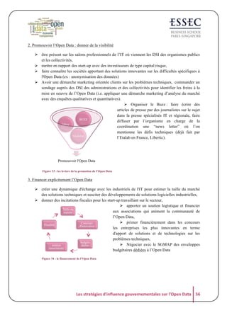 2. Promouvoir l’Open Data : donner de la visibilité
! être présent sur les salons professionnels de l’IT où viennent les DSI des organismes publics
et les collectivités,
! mettre en rapport des start-up avec des investisseurs de type capital risque,
! faire connaître les sociétés apportant des solutions innovantes sur les difficultés spécifiques à
l'Open Data (ex : anonymisation des données)
! Avoir une démarche marketing orientée clients sur les problèmes techniques, commander un
sondage auprès des DSI des administrations et des collectivités pour identifier les freins à la
mise en oeuvre de l’Open Data (i.e. appliquer une démarche marketing d’analyse du marché
avec des enquêtes qualitatives et quantitatives).
! Organiser le Buzz : faire écrire des
articles de presse par des journalistes sur le sujet
dans la presse spécialisés IT et régionale, faire
BUZZ
diffuser par l’organisme en charge de la
Mktg
coordination une “news letter” où l’on
mentionne les défis techniques (déjà fait par
Visibilité
l’Etalab en France, Libertic).

Promouvoir l'Open Data
Figure 33 : les leviers de la promotion de l’Open Data

3. Financer explicitement l’Open Data
! créer une dynamique d'échange avec les industriels de l'IT pour estimer la taille du marché
des solutions techniques et susciter des développements de solutions logicielles industrielles,
! donner des incitations fiscales pour les start-up travaillant sur le secteur,
! apporter un soutien logistique et financier
Taille du
aux associations qui animent la communauté de
marché
l’Open Data,
! primer financièrement dans les concours
Concours
Fiscalité
d'innovation
les entreprises les plus innovantes en terme
d'apport de solutions et de technologies sur les
problèmes techniques,
budgets
! Négocier avec le SGMAP des enveloppes
soutien
dédiés
associations
budgétaires dédiées à l’Open Data
Figure 34 : le financement de l’Open Data

Les	
  stratégies	
  d'influence	
  gouvernementales	
  sur	
  l'Open	
  Data	
   56	
  

 