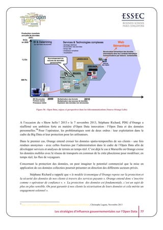 Figure 56 : Open Data, enjeux et perspectives dans les télécommunications (Source Orange Labs)

A l’occasion du « Show hello ! 2013 » le 7 novembre 2013, Stéphane Richard, PDG d’Orange a
réaffirmé son ambition forte en matière d’Open Data innovation : l’Open Data et des données
personnelles.78 Pour l’opérateur, les problématiques sont de deux ordres : leur exploitation dans le
cadre du Big Data et leur protection pour les utilisateurs.
Dans le premier cas, Orange entend croiser les données spatio-temporelles de ses clients - une fois
rendues anonymes - avec celles fournies par l’administration dans le cadre de l’Open Data afin de
développer services et analyses de terrain en temps réel. C’est déjà le cas à Marseille où Orange croise
les données mobiles avec le réseau de transports en commun de la citée phocéenne pour modéliser, en
temps réel, les flux de voyageurs.
Concernant la protection des données, on peut imaginer le potentiel commercial que la mise en
application de ces données collectées pourrait présenter en direction des différents secteurs privés.
Stéphane Richard a rappelé que « le modèle économique d’Orange repose sur la protection et
la sécurité des données de nos clients à travers des services payants ». Orange entend donc s’inscrire
comme « opérateur de confiance ». « La protection des données est fondamentale, c’est un sujet de
plus en plus sensible. On peut garantir à nos clients la sécurisation de leurs données et cela mérite un
engagement solennel ».

78

http://www.silicon.fr/orange-se-preoccupe-donnees-personnelles-90640.html, Christophe Lagane, Novembre 2013

Les	
  stratégies	
  d'influence	
  gouvernementales	
  sur	
  l'Open	
  Data	
   77	
  

 