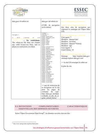 data.gouv.fr/robots.txt

data.gov.uk/robots.txt
(l’URL de navigation
est la même)

User-agent: *
=>
selon
l’analyse
du
site
http://www.dcs.ed.ac.uk/cgi/sxw/parserobots.pl

No restrictions.
The robots.txt file does not contain
any valid Disallow lines, and so
places no restrictions on robots
?site=data.gouv.fr,=>

http://catalog.data.gov/robots.txt
https://explore.data.gov/robots.txt
(les deux sites de navigation qui
exposent le catalogue de l’Open Data
US)

User-agent: *
Crawl-delay: 10
# Directories
Disallow: /qa/link_checker
Disallow: /data/resource_cache/
Disallow: /includes/
Disallow: /misc/
Disallow: /modules/
Disallow: /profiles/
Disallow: /scripts/
Disallow: /themes/
# Files
Disallow: /CHANGELOG.txt
Disallow: /cron.php
Disallow: /INSTALL.mysql.txt
Disallow: /INSTALL.pgsql.txt
Disallow: /install.php
Disallow: /INSTALL.txt
Disallow: /LICENSE.txt
Disallow: /MAINTAINERS.txt
Disallow: /update.php
Disallow: /UPGRADE.txt
Disallow: /xmlrpc.php
# Paths (clean URLs)
Disallow: /admin/
Disallow: /comment/reply/
Disallow: /filter/tips/
Disallow: /node/add/
Disallow: /search/
Disallow: /user/register/
Disallow: /user/password/
Disallow: /user/login/
Disallow: /user/logout/
Disallow: /user
# Paths (no clean URLs)
Disallow: /?q=admin/
Disallow: /?q=comment/reply/
Disallow: /?q=filter/tips/
Disallow: /?q=node/add/
Disallow: /?q=search/
Disallow: /?q=user/password/
Disallow: /?q=user/register/
Disallow: /?q=user/login/
Disallow: /?q=user/logout/

http://catalog.data.gov/robots.txt
User-agent: *
Disallow: /dataset/rate/
Disallow: /revision/
Disallow: /dataset/*/history
Disallow: /api/
User-Agent: *
Crawl-Delay: 10
https://explore.data.gov/robots.txt
Sitemap:
http://explore.data.gov/
sitemap-explore.data.gov.xml
=> le site US renseigne le robot sur
le plan du site.

=> pas de restriction de
la navigation sur le site
pour les pages de
contenus
du
type :
http://data.gov.uk/datas
et/deaths_in_the_uk_re
gular_armed_forces

8.4. DEFINITIONS
COMPLEMENTAIRES :
ESSENTIELLES DES DONNEES OUVERTES

CARACTERISTIQUES

Selon l’Open Government Data Group82, les données ouvertes doivent êtreჼ:

82

http://www.opengovdata.org/home/8principles

Les	
  stratégies	
  d'influence	
  gouvernementales	
  sur	
  l'Open	
  Data	
   93	
  

 