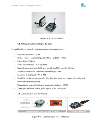 Chapitre 2 : Les technologies utilisées
11
-Figure N°8 : Module Xbee –
2.2. Principales caractéristiques du Xbee
Le module Xbee présente les caractéristiques techniques suivantes :
- Fréquence porteuse : 2.4Ghz
- Portées variées : assez faible pour les Xbee 1 et 2 (10 - 100m).
- Faible débit : 250kbps
- Faible consommation : 3.3V @ 50mA
- Sécurité : communication fiable avec une clé de chiffrement de 128-bits
- Simplicité d'utilisation : communication via le port série
- Ensemble de commandes AT et API
- Flexibilité du réseau : sa capacité à faire face à un nœud hors service ou à intégrer de
nouveaux nœuds rapidement
- On peut avoir un grand nombre de nœuds dans le réseau : 65000
- Topologies possibles : maillé, point à point, point à multipoint.
2.3. Communication avec l'ordinateur
-Figure N°9 : Communication avec l’ordinateur –
 