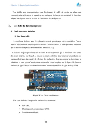 Chapitre 2 : Les technologies utilisées
12
Pour établir une communication avec l'ordinateur, il suffit de mettre en place une
communication série entre ce module et un ordinateur de bureau ou embarqué. Il faut alors
adopter les signaux entre le module et l’ordinateur de configuration.
II. Les kits de développement
1. Environnement Arduino
1.1 Vue d’ensemble
Les modules Arduino sont des plates-formes de prototypage micro contrôlées "open-
source" spécialement conçues pour les artistes, les concepteurs et toute personne intéressée
par la création d'objets ou environnements interactifs [13].
L’Arduino propose plusieurs types de cartes de développement qui se présentent sous forme
de circuit imprimé sur lequel se trouve un microcontrôleur pour analyser et produire des
signaux électriques de manière à effectuer des tâches très diverses comme la domotique, la
robotique et tous types d’applications embarqués. Nous imagions sur la figure 10, la carte
Arduino de type Uno qui est construite autour d’un microcontrôleur de type Atmega 1280.
-Figure N°10 : Carte Arduino uno –
Une carte Arduino Uno présente les interfaces suivantes :
 Port USB.
 14 entrées/sorties numériques GPIO.
 6 entrées analogiques.
 