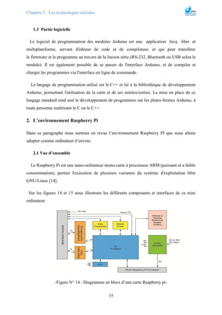 Chapitre 2 : Les technologies utilisées
15
1.3 Partie logicielle
Le logiciel de programmation des modules Arduino est une application Java, libre et
multiplateforme, servant d'éditeur de code et de compilateur, et qui peut transférer
le firmware et le programme au travers de la liaison série (RS-232, Bluetooth ou USB selon le
module). Il est également possible de se passer de l'interface Arduino, et de compiler et
charger les programmes via l'interface en ligne de commande.
Le langage de programmation utilisé est le C++ et lié à la bibliothèque de développement
Arduino, permettant l'utilisation de la carte et de ses entrées/sorties. La mise en place de ce
langage standard rend aisé le développement de programmes sur les plates-formes Arduino, à
toute personne maîtrisant le C ou le C++.
2. L’environnement Raspberry Pi
Dans ce paragraphe nous mettons en revue l’environnement Raspberry PI que nous allons
adopter comme ordinateur d’envoie.
2.1 Vue d’ensemble
Le Raspberry Pi est une nano-ordinateur mono-carte à processeur ARM (puissant et a faible
consommation), permet l'exécution de plusieurs variantes du système d'exploitation libre
GNU/Linux [14].
Sur les figures 14 et 15 nous illustrons les différents composants et interfaces de ce mini
ordinateur.
-Figure N° 14 : Diagramme en blocs d’une carte Raspberry pi-
 