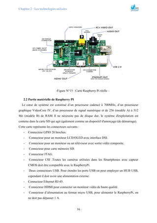 Chapitre 2 : Les technologies utilisées
16
-Figure N°15 : Carte Raspberry Pi réelle –
2.2 Partie matérielle de Raspberry PI
Le cœur de système est constitué d’un processeur cadencé à 700MHz, d’un processeur
graphique VideoCore IV, d’un processeur de signal numérique et de 256 (modèle A) à 512
Mo (modèle B) de RAM. Il ne nécessite pas de disque dur, le système d'exploitation est
contenu dans la carte SD qui agit également comme un dispositif d'amorçage (de démarrage).
Cette carte représente les connecteurs suivants :
- Connecteur GPIO 26 broches.
- Connecteur pour un moniteur LCD/OLED avec interface DSI.
- Connecteur pour un moniteur ou un téléviseur avec sortie vidéo composite.
- Connecteur pour carte mémoire SD.
- Connecteur JTAG.
- Connecteur CSI .Toutes les caméras utilisées dans les Smartphones avec capteur
CMOS doit être compatible avec le RaspberryPi.
- Deux connecteurs USB. Pour étendre les ports USB on peut employer un HUB USB,
cependant il doit avoir une alimentation externe.
- Connecteur Ethernet RJ-45.
- Connecteur HDMI pour connecter un moniteur vidéo de haute qualité.
- Connecteur d’alimentation au format micro USB, pour alimenter le RaspberryPi, on
ne doit pas dépasser 1 A.
 