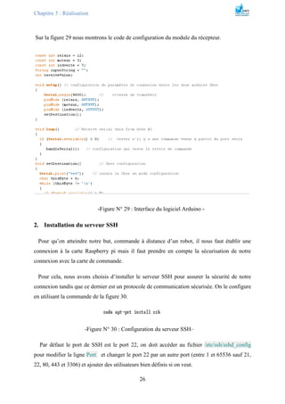 Chapitre 3 : Réalisation
26
Sur la figure 29 nous montrons le code de configuration du module du récepteur.
-Figure N° 29 : Interface du logiciel Arduino -
2. Installation du serveur SSH
Pour qu’on atteindre notre but, commande à distance d’un robot, il nous faut établir une
connexion à la carte Raspberry pi mais il faut prendre en compte la sécurisation de notre
connexion avec la carte de commande.
Pour cela, nous avons choisis d’installer le serveur SSH pour assurer la sécurité de notre
connexion tandis que ce dernier est un protocole de communication sécurisée. On le configure
en utilisant la commande de la figure 30.
-Figure N° 30 : Configuration du serveur SSH–
Par défaut le port de SSH est le port 22, on doit accéder au fichier /etc/ssh/sshd_config
pour modifier la ligne Port et changer le port 22 par un autre port (entre 1 et 65536 sauf 21,
22, 80, 443 et 3306) et ajouter des utilisateurs bien définis si on veut.
 