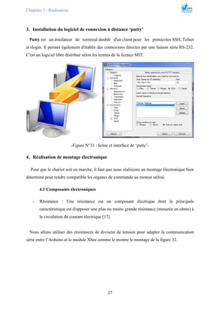 Chapitre 3 : Réalisation
27
3. Installation du logiciel de connexion à distance ‘putty’
Putty est un émulateur de terminal doublé d'un client pour les protocoles SSH, Telnet
et rlogin. Il permet également d'établir des connexions directes par une liaison série RS-232.
C'est un logiciel libre distribué selon les termes de la licence MIT.
-Figure N°31 : Icône et interface de ‘putty’-
4. Réalisation de montage électronique
Pour que le chariot soit en marche, il faut que nous réalisions un montage électronique bien
déterminé pour rendre compatible les organes de commande au moteur utilisé.
4.1 Composants électroniques
- Résistance : Une résistance est un composant électrique dont la principale
caractéristique est d'opposer une plus ou moins grande résistance (mesurée en ohms) à
la circulation du courant électrique [17].
Nous allons utiliser des résistances de diviseur de tension pour adapter la communication
série entre l’Arduino et le module Xbee comme le montre le montage de la figure 32.
 