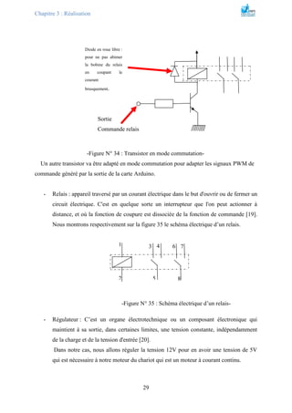 Chapitre 3 : Réalisation
29
-Figure N° 34 : Transistor en mode commutation-
Un autre transistor va être adapté en mode commutation pour adapter les signaux PWM de
commande généré par la sortie de la carte Arduino.
- Relais : appareil traversé par un courant électrique dans le but d'ouvrir ou de fermer un
circuit électrique. C'est en quelque sorte un interrupteur que l'on peut actionner à
distance, et où la fonction de coupure est dissociée de la fonction de commande [19].
Nous montrons respectivement sur la figure 35 le schéma électrique d’un relais.
-Figure N° 35 : Schéma électrique d’un relais-
- Régulateur : C’est un organe électrotechnique ou un composant électronique qui
maintient à sa sortie, dans certaines limites, une tension constante, indépendamment
de la charge et de la tension d'entrée [20].
Dans notre cas, nous allons réguler la tension 12V pour en avoir une tension de 5V
qui est nécessaire à notre moteur du chariot qui est un moteur à courant continu.
1
2
3 4
5
6 7
8
Sortie
Commande relais
Diode en roue libre :
pour ne pas abimer
la bobine du relais
en coupant le
courant
brusquement.
 